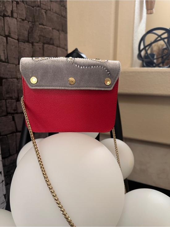 Furla Womens Red Gray Beaded Metropolis Designer Mini Crossbody Bag